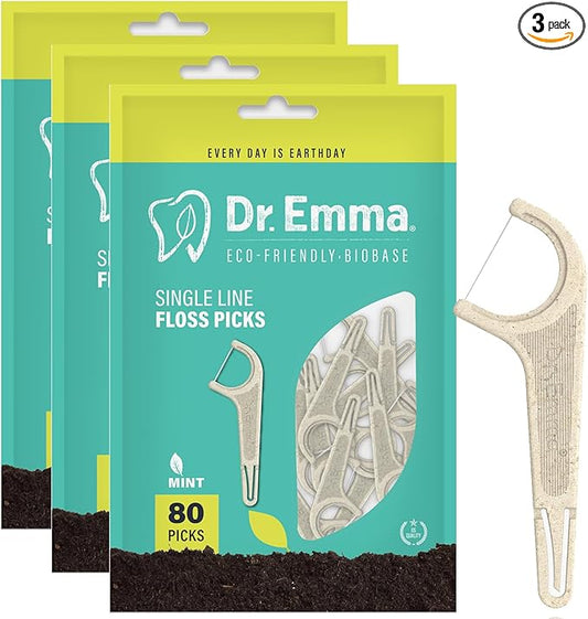 Dr. Emma Biodegradable Dental Floss Picks Single Line Floss Picks Biobased Material Tooth Flosser for Adults Teeth Cleaning Mint Flavor Toothpick Stick Soft On Gum & Teeth 240 Count