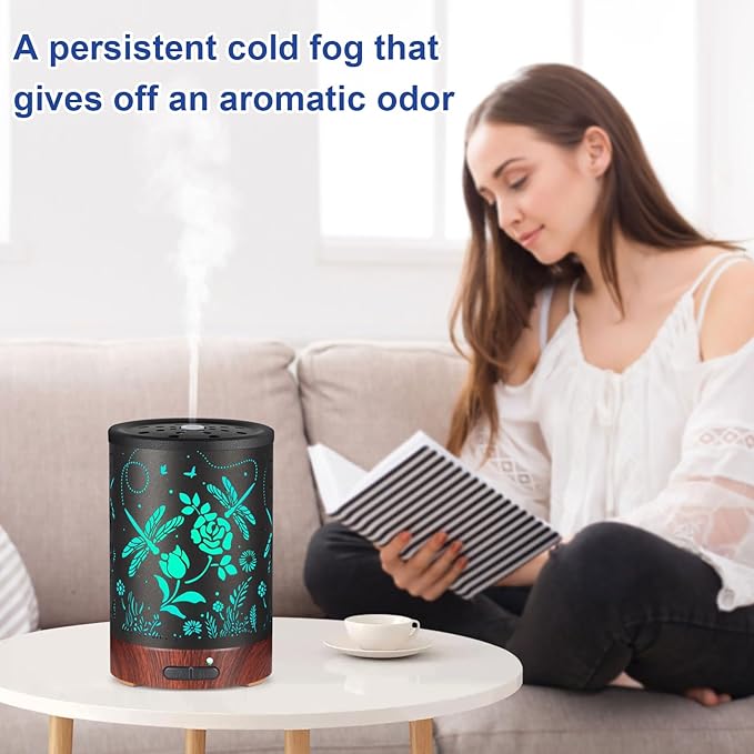 Essential Oil Diffuser- Aromatherapy Diffuser with7 Colors Light, and Auto-Off - Metal Cool Mist Humidifier for Home and Office（Roses + Dragonflies）…