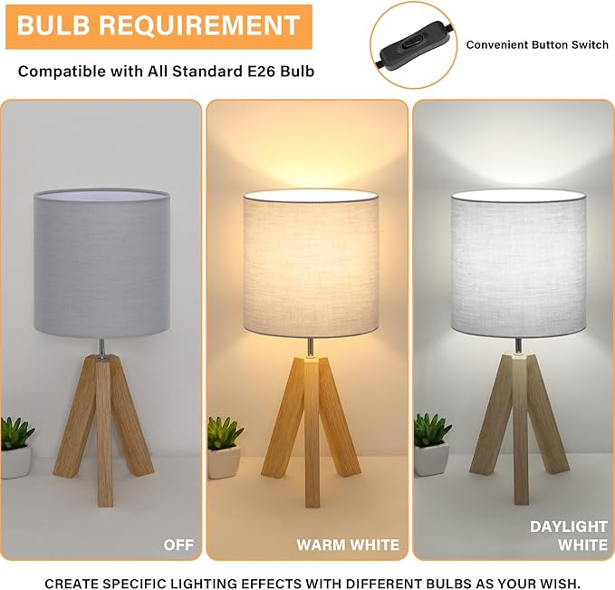 Brightever Small Bedside Table Lamp, Wooden Tripod Modern Table Lamp with Grey Linen Fabric Shade, Farmhouse Nightstand Lamp for Living Room, Bedroom, Home, Nursery, Office