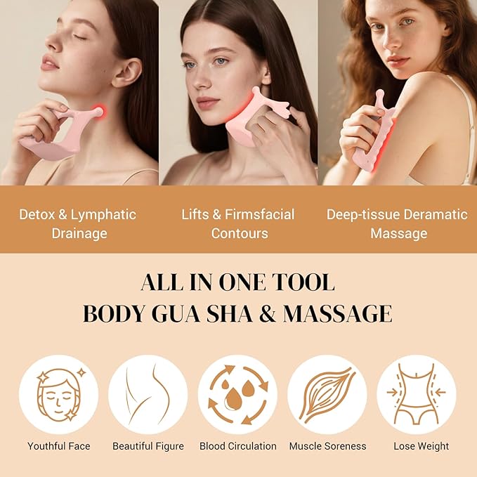 Upgraded 6-in-1 Ceramic Body Massage Tool,Korean Manual Guasha Facial Massage for Face Lift, Muscle Relief Scraping Tool, Skin Care Gift Gift for Friend, Wife,Pink