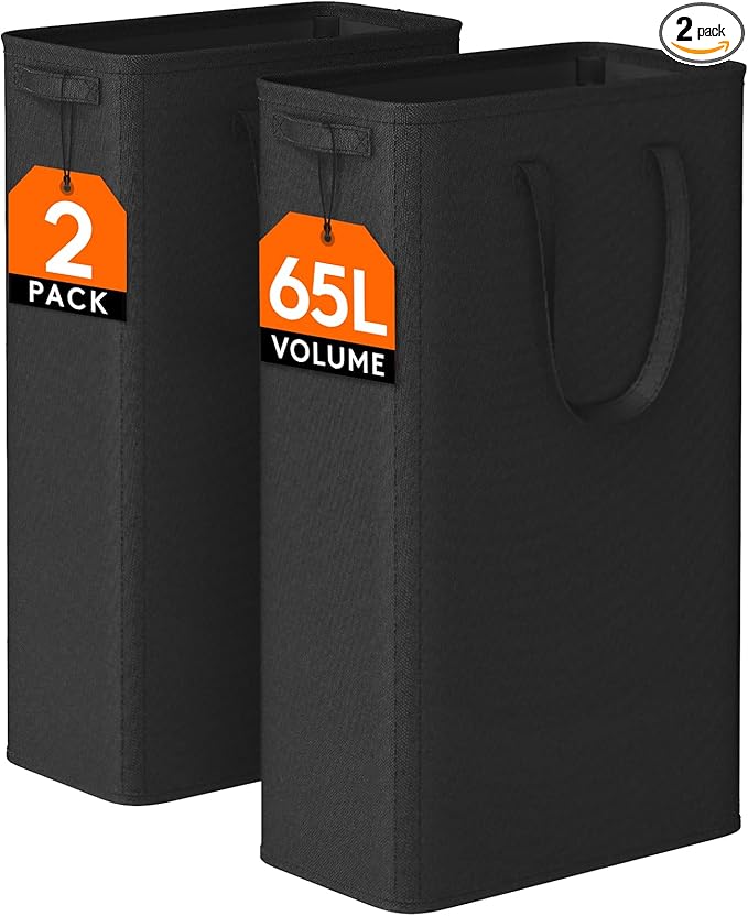 Lifewit 2 Pack Slim Laundry Hamper, Collapsible Narrow Laundry Basket, Small Tall Dirty Clothes Hampers with Handles for Bathroom Bedroom College Dorm, Black, 65L