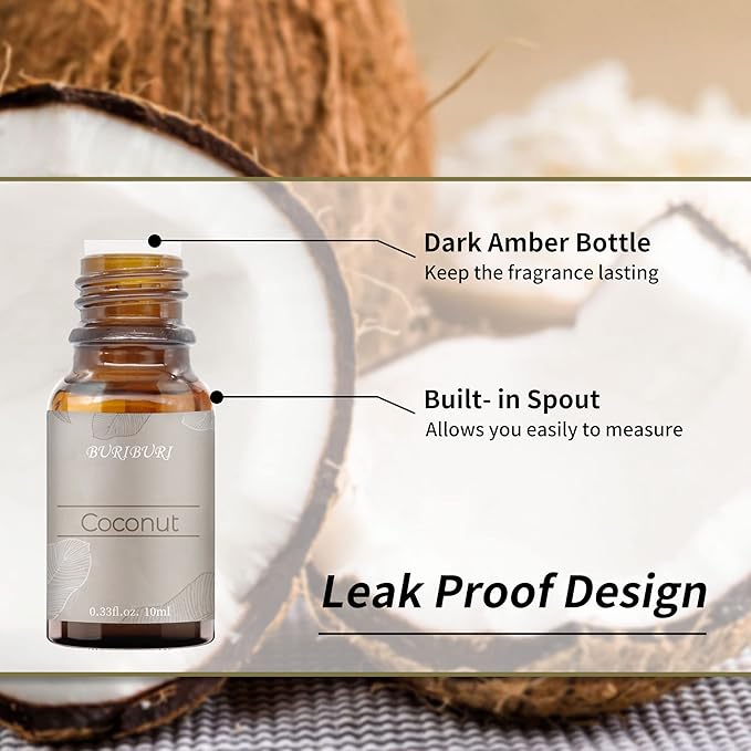 BURIBURI Coconut Essential Oil, Premium Grade Scented Oil 10ml Coconut Fragrance Oil Carrier Oil for Diffusers, Massage, Candle Making Soap Making
