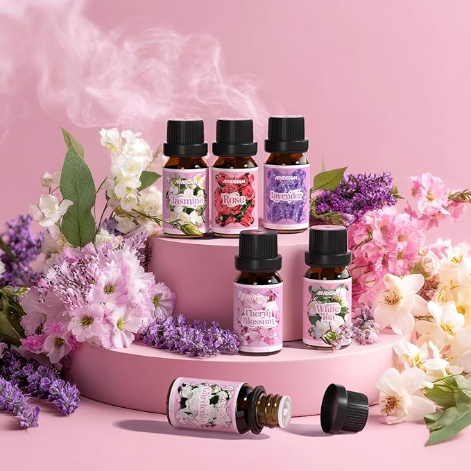 Floral Essential Oils Set, ARVIDSSON Natural Flower Fragrance Oil Gift for Women - Lavender, Jasmine, Cherry Blossom, Gardenia, White Tea, Rose Essential Oil for Diffuser & Candle Making