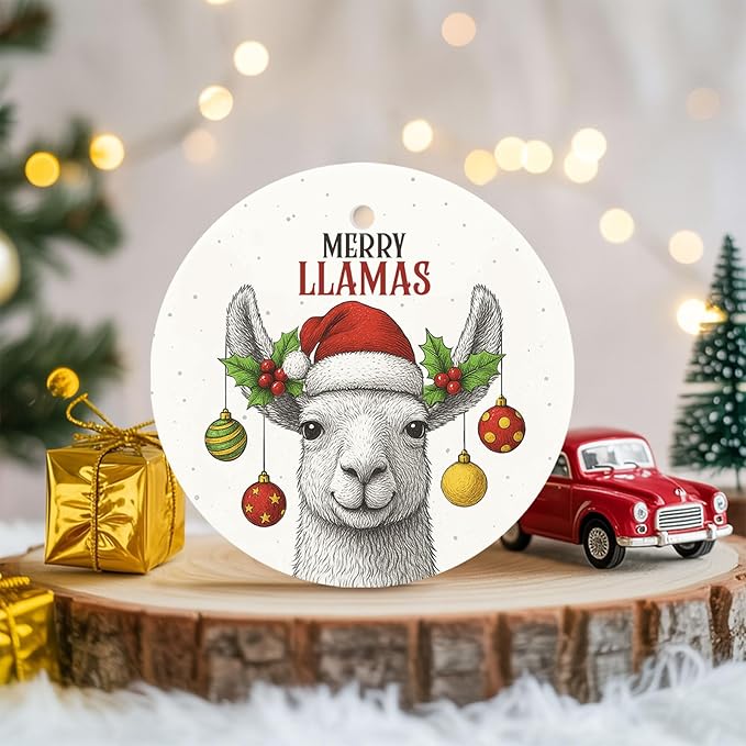 34HD Merry Llamas Ceramic Christmas Ornament – Funny Double-Sided Holiday Llama Tree Decoration for Animal Lovers