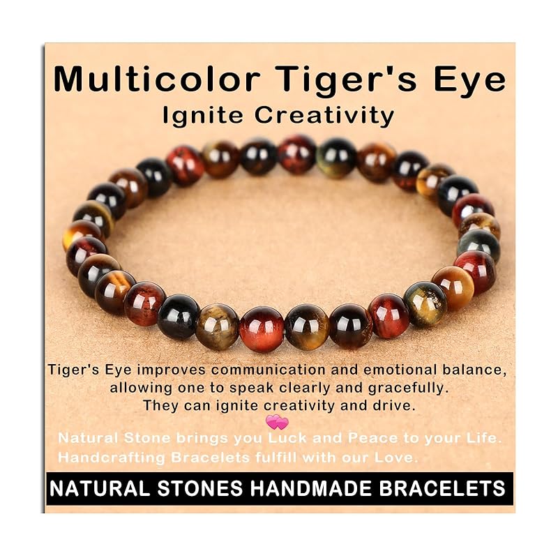 AD Beads Handmade Gemstone Stretch Elastic Bracelet Crystal Healing Reiki Nature's Beauty and Spiritual Essence Unisex (6mm, Multicolor Tiger's Eye (Ignite Creativity))