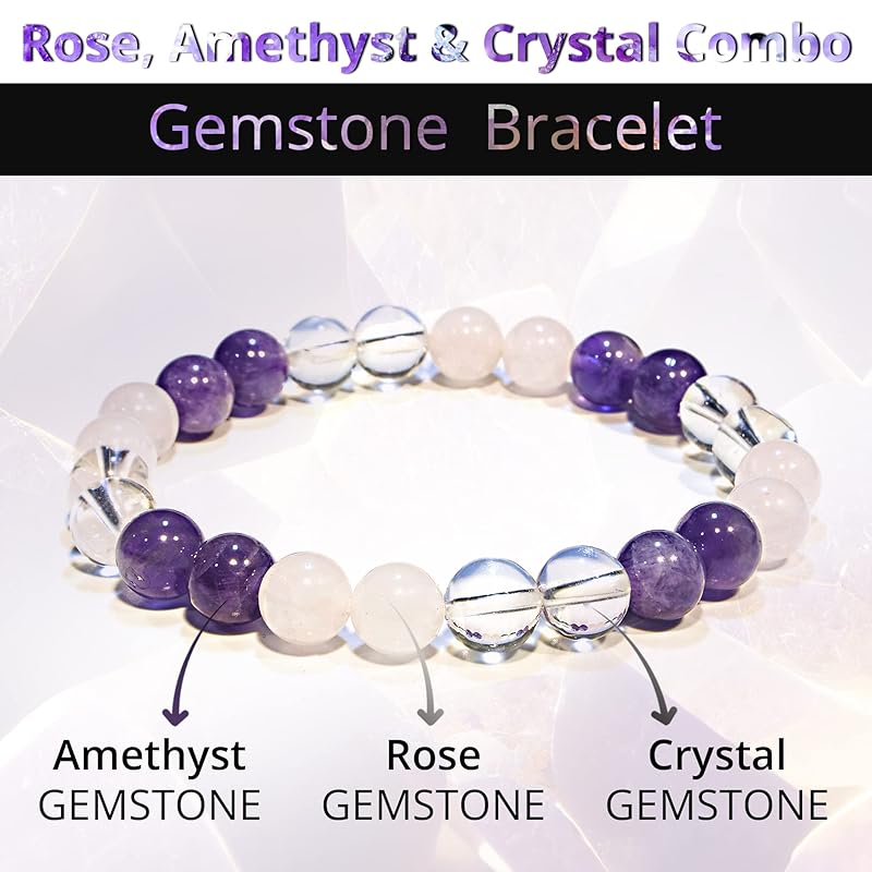 Amethyst, Clear Quartz, Rose Quartz Bracelet – Healing Crystal Bracelet for Women and Men – 8mm Round Beaded Bracelet for Men and Women – Elastic Adjustable Size Gemstone Bead Bracelet