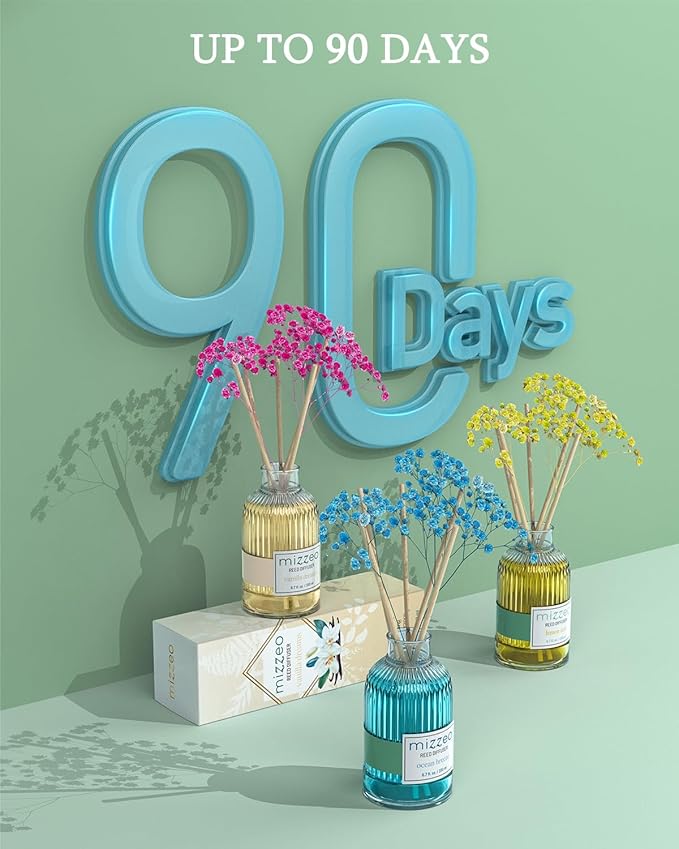 MIZZEO Reed Diffuser Set, Vanilla Dreams 6.76 fl oz Highly Scented Room Diffuser Home Fragrance Essential Oil Reed Flower Diffuser, House Bedroom Office Decor & Gifts