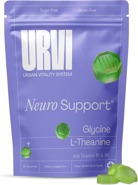 URVI® Neuro Gummies – 500mg Glycine, 150mg L-Theanine (high Potency), Vitamins B1 & B6 for Rest & Sleep, Relaxation, Calm Focus – Sugar-Free – Green Tea & Apple – 60 Count