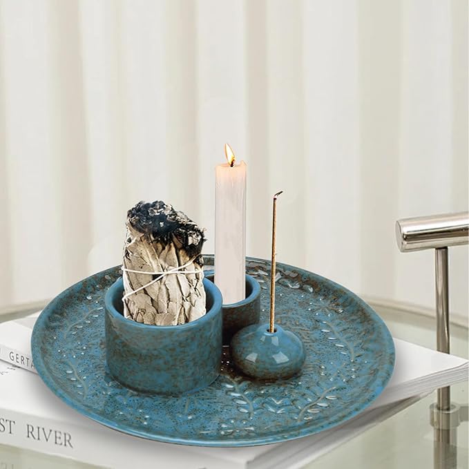 Ceramic Incense Holder Set with Decorative Tray, White, Intricate Pattern Design, 5.9x5.9x2 Inch, for Sticks, Cones, Palo Santo, Sage (Blue)