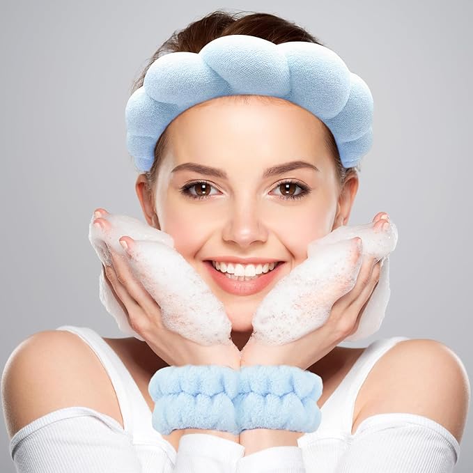 Zkptops Spa Headband for Washing Face Wristband Set Sponge Makeup Skin Care Terry Cloth Bubble Soft Get Ready Light Blue Hairband Women Girls Puffy Padded Headwear Non Slip Thick Hair Accessory