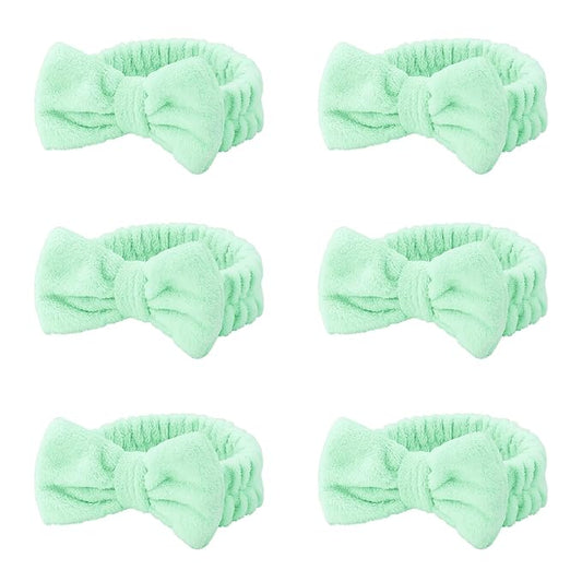 Casoty 6 Pcs Green Spa Headbands, Skin Care Headband, Soft Coral Fleece headbands for makeup, Bow Hair Band for Face Washing Shower Skin Care Yoga