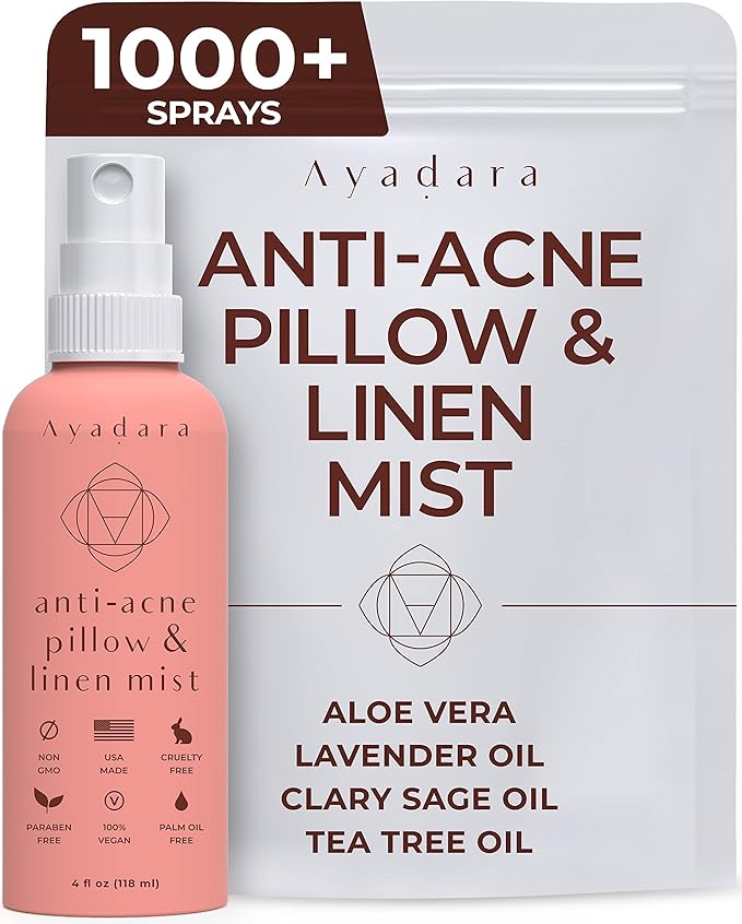 Anti-Acne Pillow & Linen Mist, Tea Tree Essential Oil & Lavender Spray for Pillow, Sheets, Blanket, & Duvet, Relaxing Pillow Aromatherapy Mist Freshener, 1000+ Sprays, 4 fl oz
