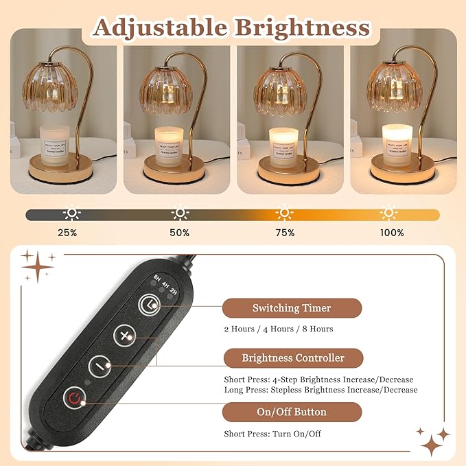 Flower Candle Warmer Lamp with Timer & Dimmer, Aromatherapy Candle Lamp for Scented Candles, Modern Amber Glass Candle Lamp Warmer, for Her, Home Bedroom Decor