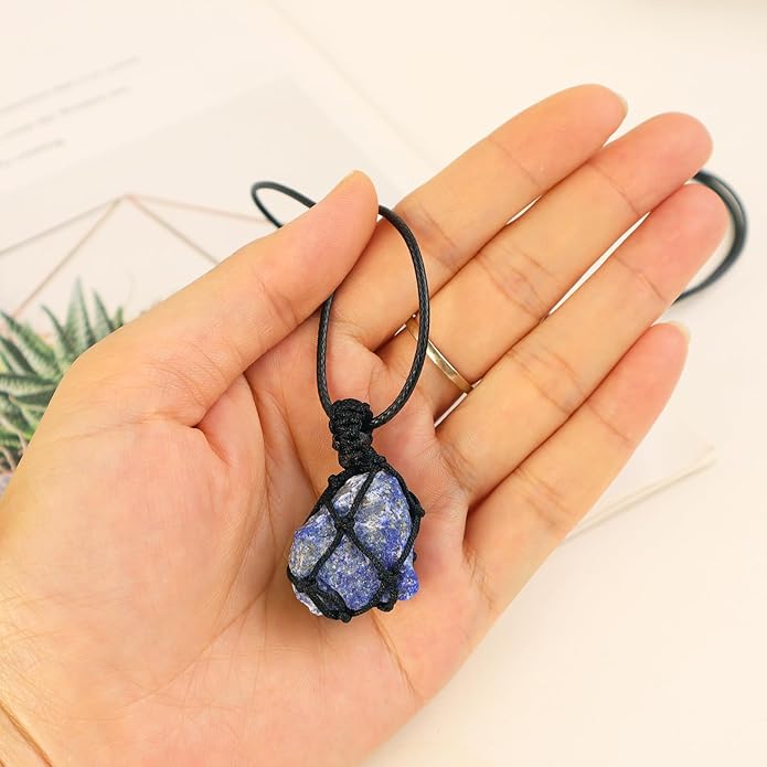 Handmade Natural Gemstone Crystal Pendant Necklace Stone Holder Necklace Cord Net Necklace with Adjustable Length for Women Men