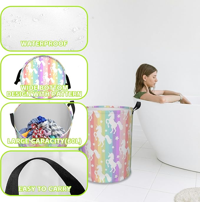 Cute Unicorns on Rainbow Stripes Laundry Basket Foldable Laundry Hamper Oxford Cloth Large Laundry Basket Clothes Storage Bucket Toy Organizer For Bathroom,Laundry,College 17.3 x16.5 Inch