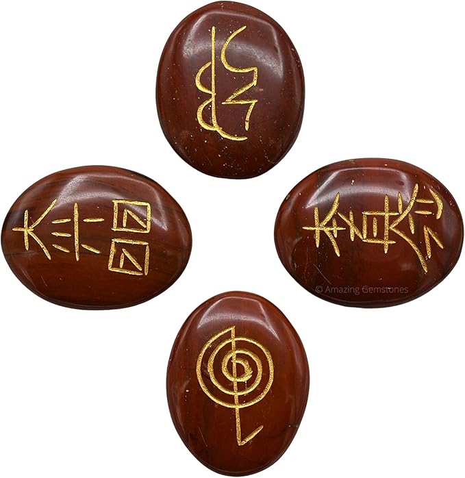Amazing Gemstone Red Jasper Crystal Reiki Stones with Engraved Symbols for Usui Reiki Healing, Set of 4 Pcs (Indian Handmade Reiki Gift Set)