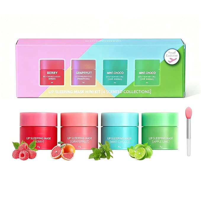 4PCS Lip Sleeping Mask，Korean Lip Mask Jelly Sleep Lip Balm，Lip Mask Set，Reduce Lip Lines and Improve Lip Color，Overnight Lip Treatment Care for Dry Cracked Lips，Moisturizing, Hydrating, Nourishing