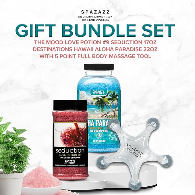 Spazazz Spa and Bath Salt Aromatherapy Crystals for Hot Tub - Gift Bundle Set The Mood Love Potion #9 Seduction 17oz - Destinations Hawaii Aloha Paradise 22oz with 5 Point Full Body Massage Tool