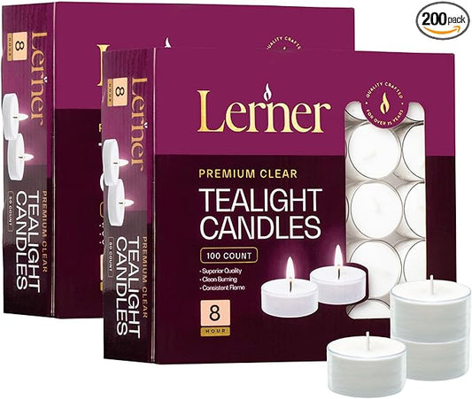 Lerner Tealight Candles in Clear Cups, 200 Count | 8 Hour Long-Burning White Tea Light Candles | Non-Toxic, Smokeless & Soot-Free