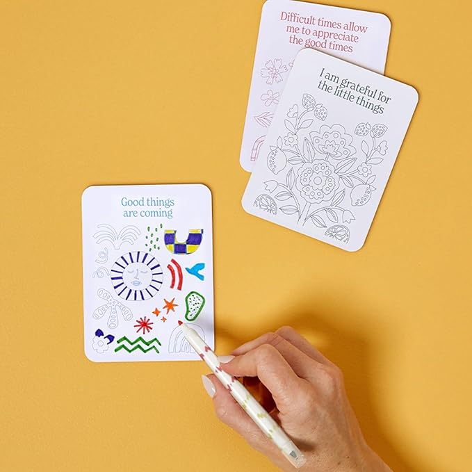 Journey of Something: Color Your Own Affirmation Cards - Mindfulness Positivity Art Kit, Dual-Tip Markers, Wooden Display Stand, Adults Activity