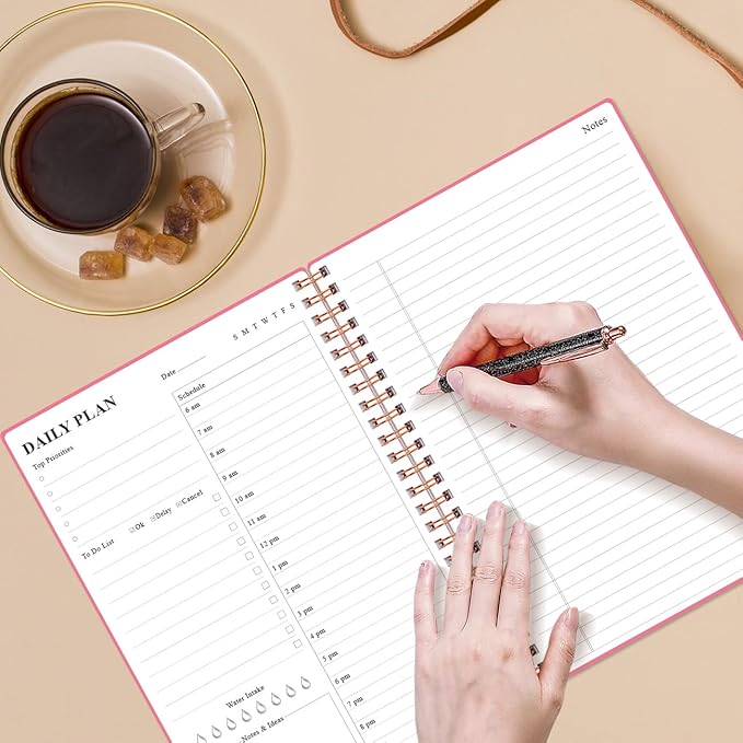 Daily Planner Undated - B5 To Do List Notebook Hourly Schedules, Spiral Appointment Planner for Women and Men, PVC Hardcover, Inner Pocket, Elastic Closure, 7" x 10", Pink