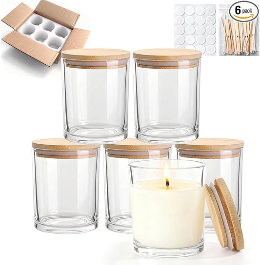14 oz Glass Candle Jars, 6-Pack 2/3 Wick Candle Jars for Making Candles, Empty Thick Glass Wide-Mouth Jars with Bamboo Lids & Wick Kits, Candle Containers Bulk - Clear