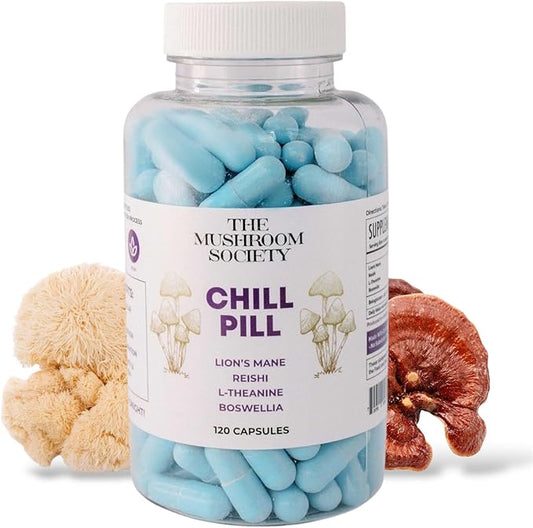 Chill Pill - Lion’s Mane, Reishi, L-Theanine & Boswellia Extract Blend - Mushrooms Supplement for Relax, Recover & Recharge - 120 Vegan Capsules