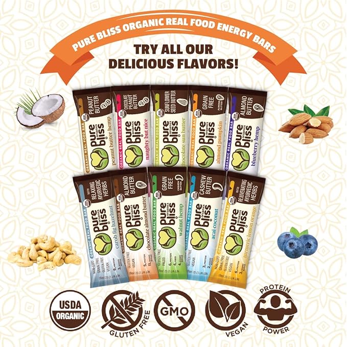 Organic Real Food Bar (Acai Coconut) Non-GMO, Gluten Free, Vegan, Nutrition Bars, Energy Bars, Super Food Simple Ingredients, Best Tasting, Healthy Snack, Breakfast Bars, Dairy Free, Soy Free, Pure Bliss Organics (1.7 oz bar, 12-Pack Case)