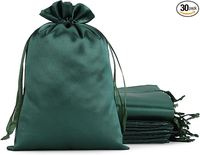 Green Satin Cloth Gift Bags, 30Pcs 6x9 with Drawstring, For Kids Classroom, Wedding, Birthday, or Bachelor Party Favors, Halloween Party, Alcohol Bottle, Tarot Journal, Oracle Cards