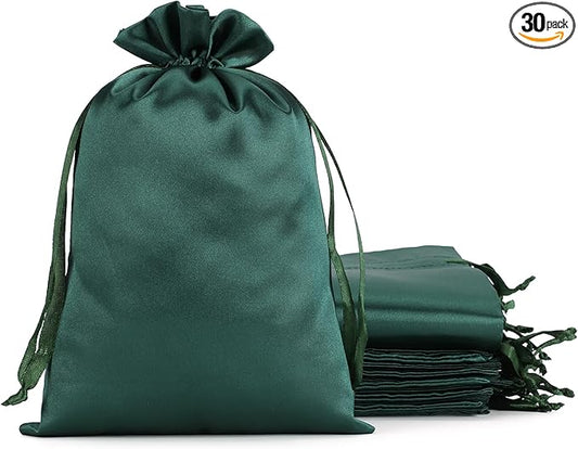 Green Satin Cloth Gift Bags, 30Pcs 6x9 with Drawstring, For Kids Classroom, Wedding, Birthday, or Bachelor Party Favors, Halloween Party, Alcohol Bottle, Tarot Journal, Oracle Cards