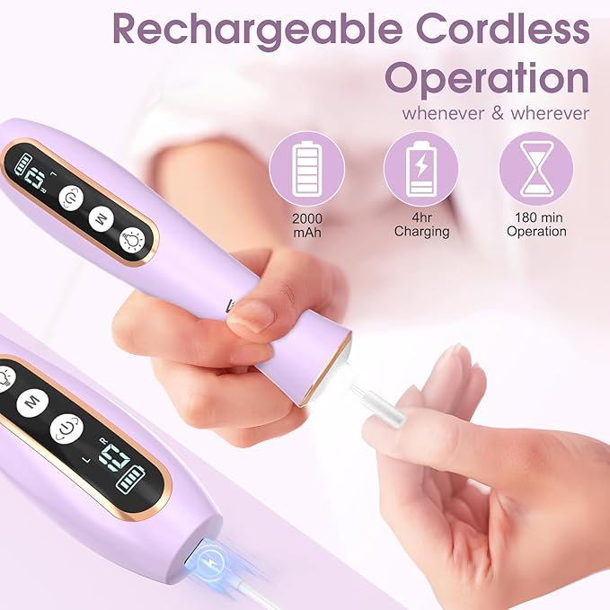 Professional Manicure Pedicure Kit with 360° LED Light&10 Speeds&Memory Mode with Case, Cordless Electric Nail Drill, Pedicure Tools for feet,Hand Foot Care Nail File for Thick Nail Toenail Cuticle