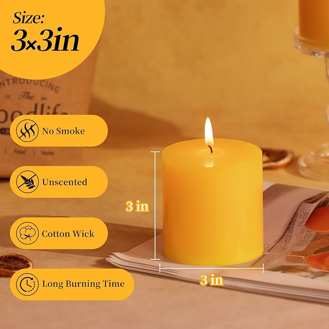 KONNI Yellow Pillar Candles Set of 3, 3"x 3" Unscented Pillar Candles Bulk, 30 Hours Long Burning Candles, Smokeless&Dripless Large Round Candle for Wedding, Home Decoration, Parties, Spas, Dinner