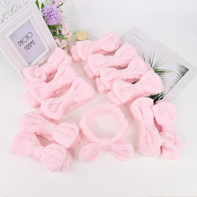 Casoty 12 Pcs Pink Spa Headband, Makeup Headband for Women, Soft Coral Fleece Skincare Headbands for Makeup, Bow Hair Band for Face Washing Shower Skin Care Yoga