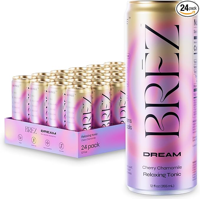 BRĒZ Dream Reishi Mushroom Drink, Non-Infused Relaxing Tonic with Reishi, Chamomile, Tart Cherry, Magnesium & L-Theanine, Vegan Adaptogen Drink for Sleep, Calm & Mood, 12 fl oz - 24 Pack