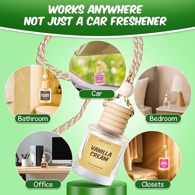 Car Air Freshener Diffuser 6 Pack Hanging Air Freshener, Vanilla Cream, Pink Sparkle Champagne, Mahogany Teakwood, Pistachio & Salty Caramel, Jasmine Dragonfruit and Volcano Scents for Women