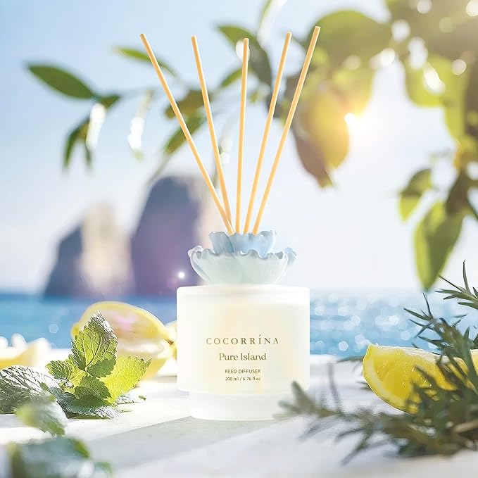 COCORRÍNA Gypsum Flower Reed Diffuser Set for Bathroom Décor – Pure Island Scent, 6.76 oz with Sticks & Oil – Home Fragrance for Bathroom & Living Space