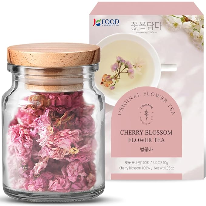 Korean Food, KKOKDAM Original Cherry Blossom Flower Tea, Decaf Floral Blend, Fully Natural Flowers, No Caffeine, Sugar Free, Zero Calories, Made in Korea, 10g