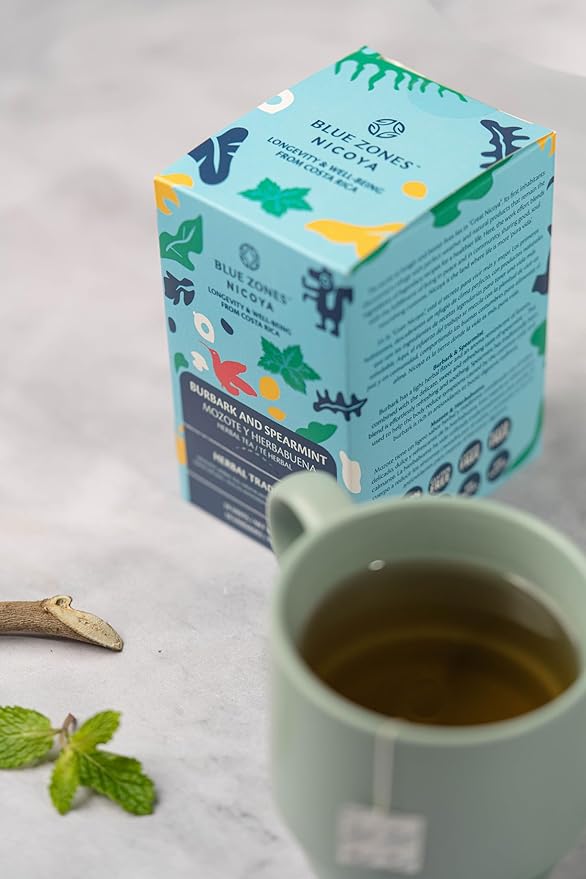 Blue Zones Nicoya - Burbark & Spearmint Flavored Tea Bags - 100% Natural, Organic, and Refreshing - High Micronutrients - Gluten, Caffeine, Sugar-Free - Pack of 18 (1.59 oz/ 45 g)