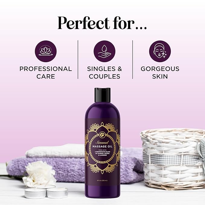 Aromatherapy Sensual Massage Oil for Couples - Relaxing Full Body Massage Oil for Date Night with Sweet Almond Oil - Vegan Lavender for Massage Therapy Smooth Gliding Formula 8 Fl Oz