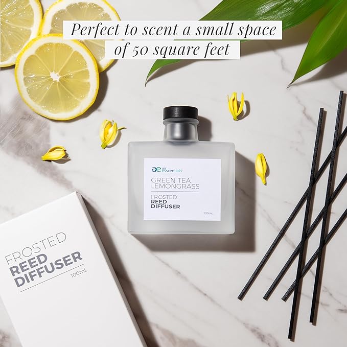 Air Esscentials Frosted Green Tea Lemongrass Reed Diffuser Set - Decorative Fragrance Diffuser & Oil for Bathroom & Home | Long-Lasting Aroma | Natural Scent Sticks | Essential Oils, Botanicals| 100mL