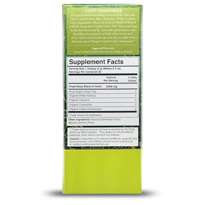 Térapy Ceylon CHAMOMILE TEA | USDA Organic Herbal Tea Bags | 100% Natural Ayurvedic Ingredients including Organic Chamomile, Ashwagandha, Cinnamon & Licorice| 20 Individually Wrapped Tea Bags