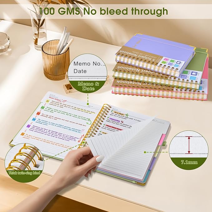 Hardcover Spiral Notebooks for Work, 5 Subject Notebook College Ruled with Dividers Tabs, Lined Organizer Notebook Journal for Women, 240 Pages Small A5 Notebooks for School Note Taking, 5x7 Green