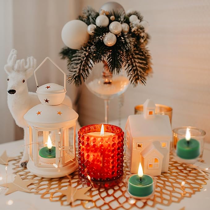 Eywamage Green Flameless LED Wax Tealights with Remote Batteries, Flickering Battery Colored Tea Votive Candles Set of 10