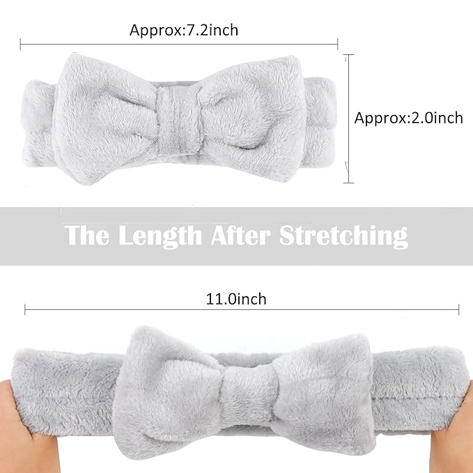 Casoty 8 Pcs Grey Spa Hair Bands for Women, Bow Fleece Headbands for Makeup, Shower, Yoga, and Skincare
