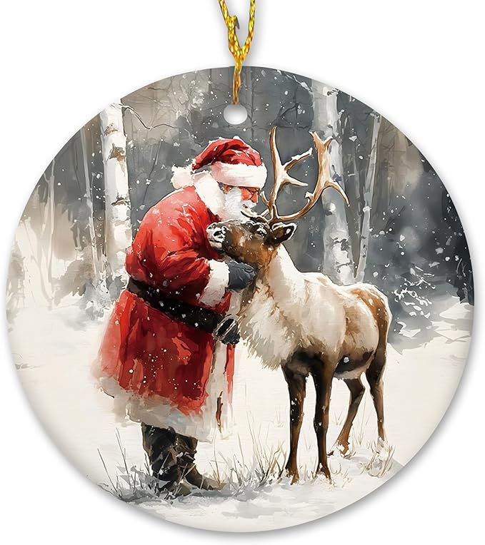 Christmas Santa Reindeer Ceramic Ornament Gifts, Rustic Winter Santa Claus Reindeer Decorative Hanging Ornaments for Xmas Tree Holiday Party Decoration, Winter Xmas Tree Decorations