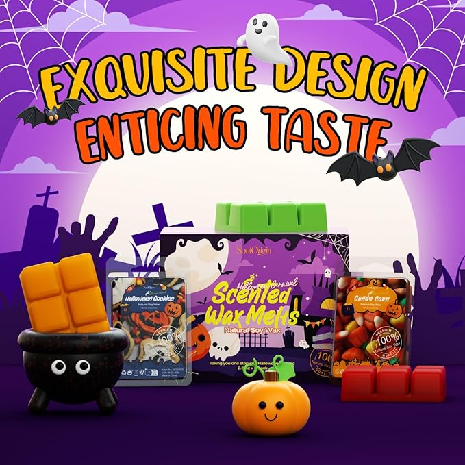 Halloween Scented Wax Melts, Scented Soy Wax Cubes Gift Set for Wax Warmer-Hot Chocolate, Caramel Apple, Caramel Corn, Apple Cider, Candy Corn, Cinnamon Cookies, Halloween Cookies, Pumpkin Pie-8x2.5o