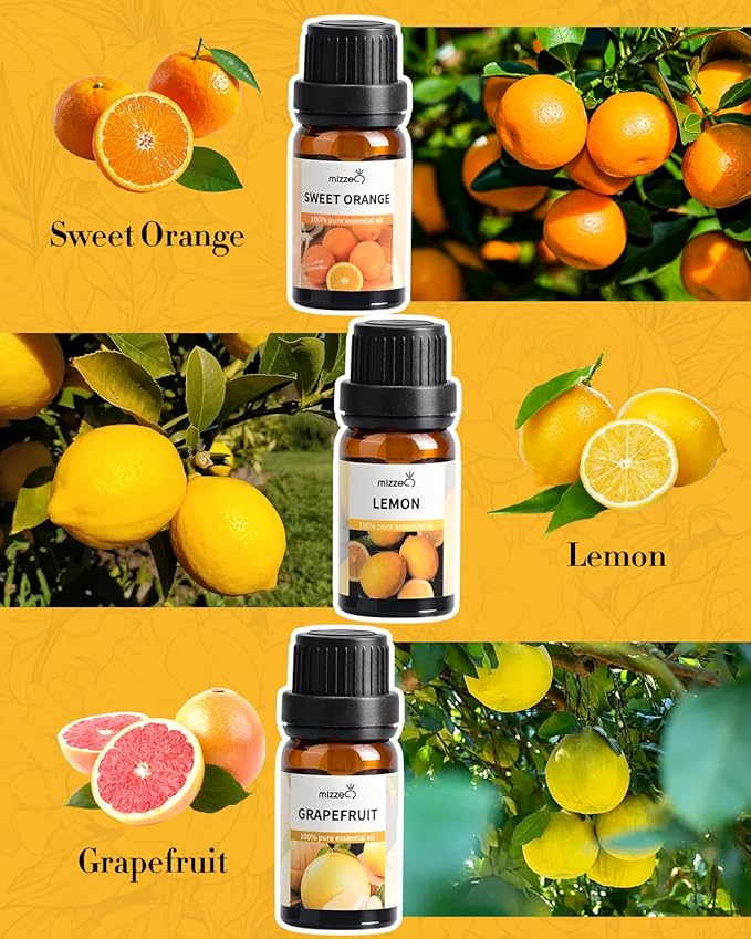 MIZZEO Fruity Essential Oil Set, Premium Pure & Natural Aromatherapy Essential Oils for Home, 6 * 10 ML Diffuser Oil Gift Set- Cherry,Sweet Orange,Strawberry,Coconut,Lemon,Grapefruit