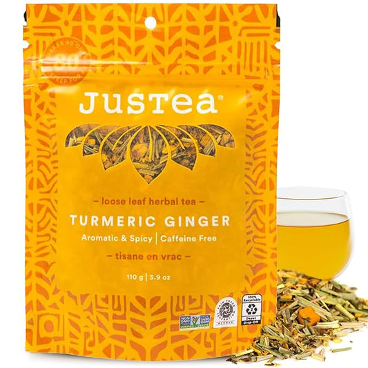 JusTea TURMERIC GINGER | Loose Leaf Herbal Tea | Recyclable Refill Pouch | 40+ Cups (3.9oz) | Caffeine Free | Award-Winning | Fair Trade | Non-GMO