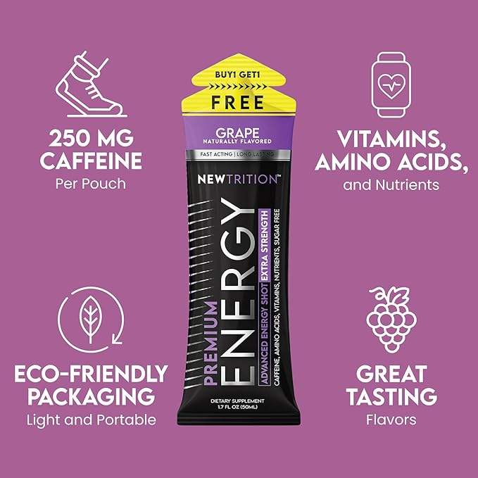 NewTrition® Extra Strength Energy Shots, 250mg Caffeine Energy Shots with Vitamin B & Amino Acids, Sugar-Free Vitamin Energy Shot, 1.7 fl oz (Pack of 24, Grape)