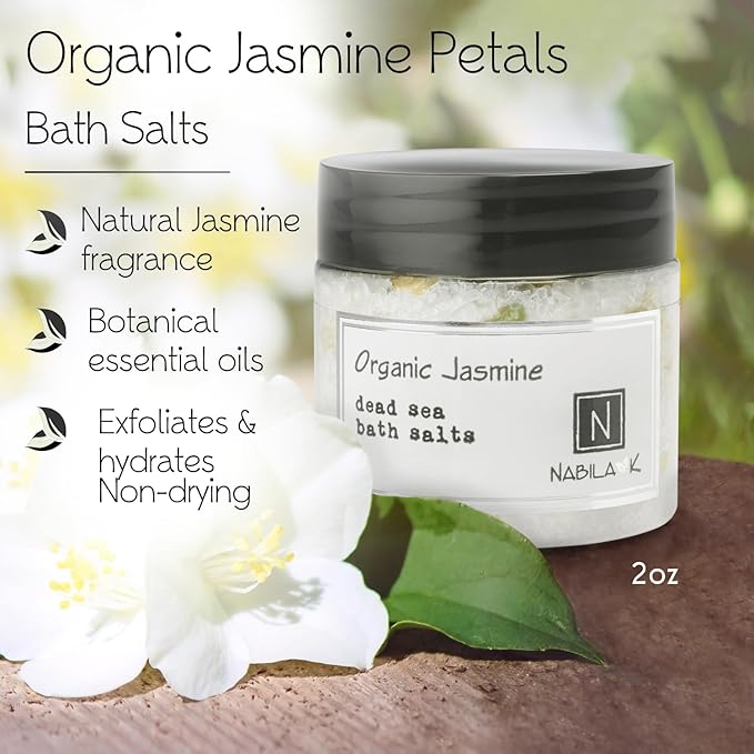 Organic Jasmine Bath Salts by Nabila K - Dead Sea Salt & Epsom Salt Scrub & Soak - Exfoliates & Hydrates Skin, Botanical Essential Oils - Bubble Bath Accessories for All Skins Types, 2 oz